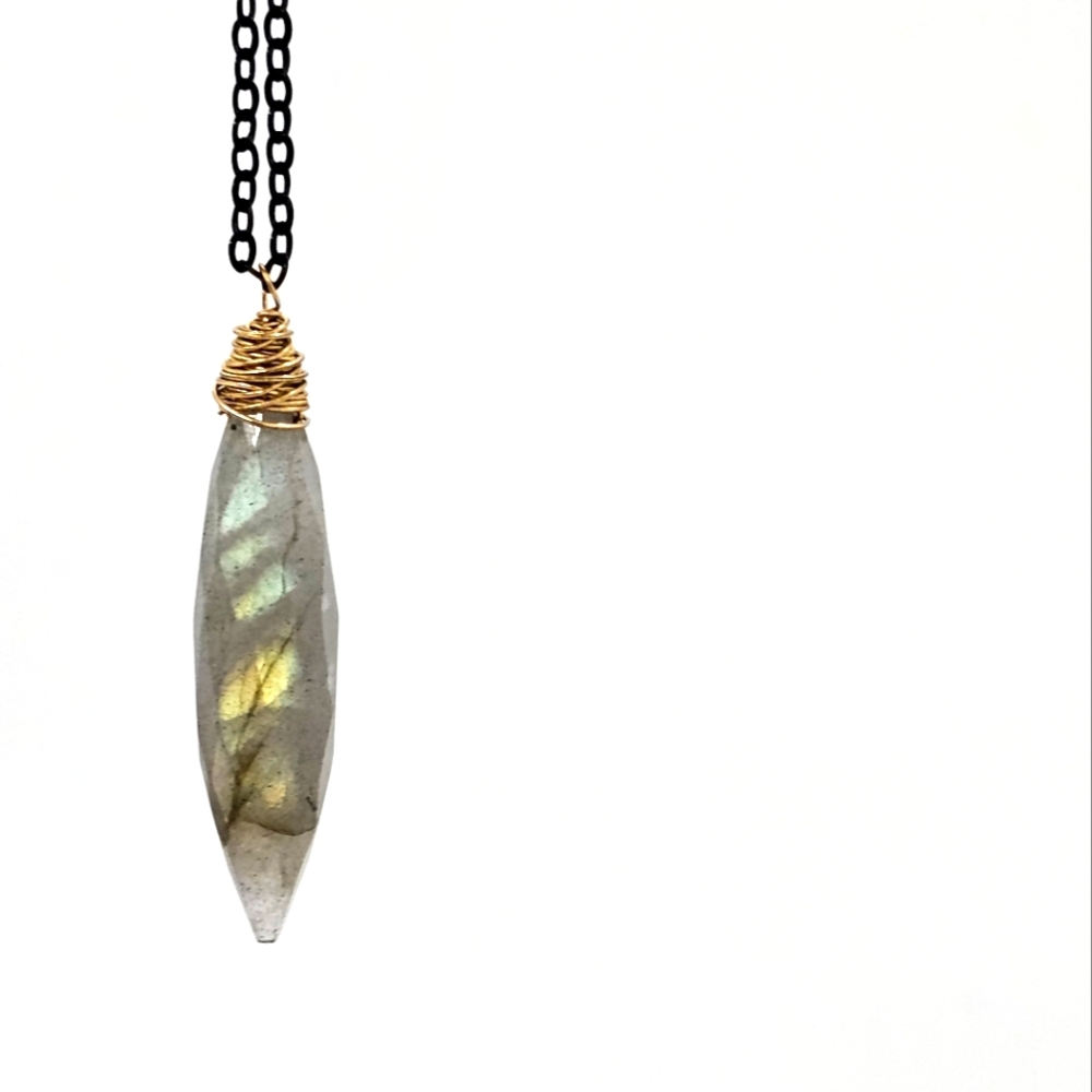 NWT Labradorite Talisman with 18k Gold Wire Wrap on Long Black Stainless Chain.
